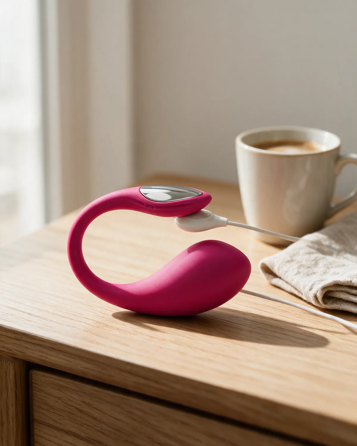 Lovense Lush 4 podłączony do magnetycznego kabla USB na drewnianej szafce nocnej