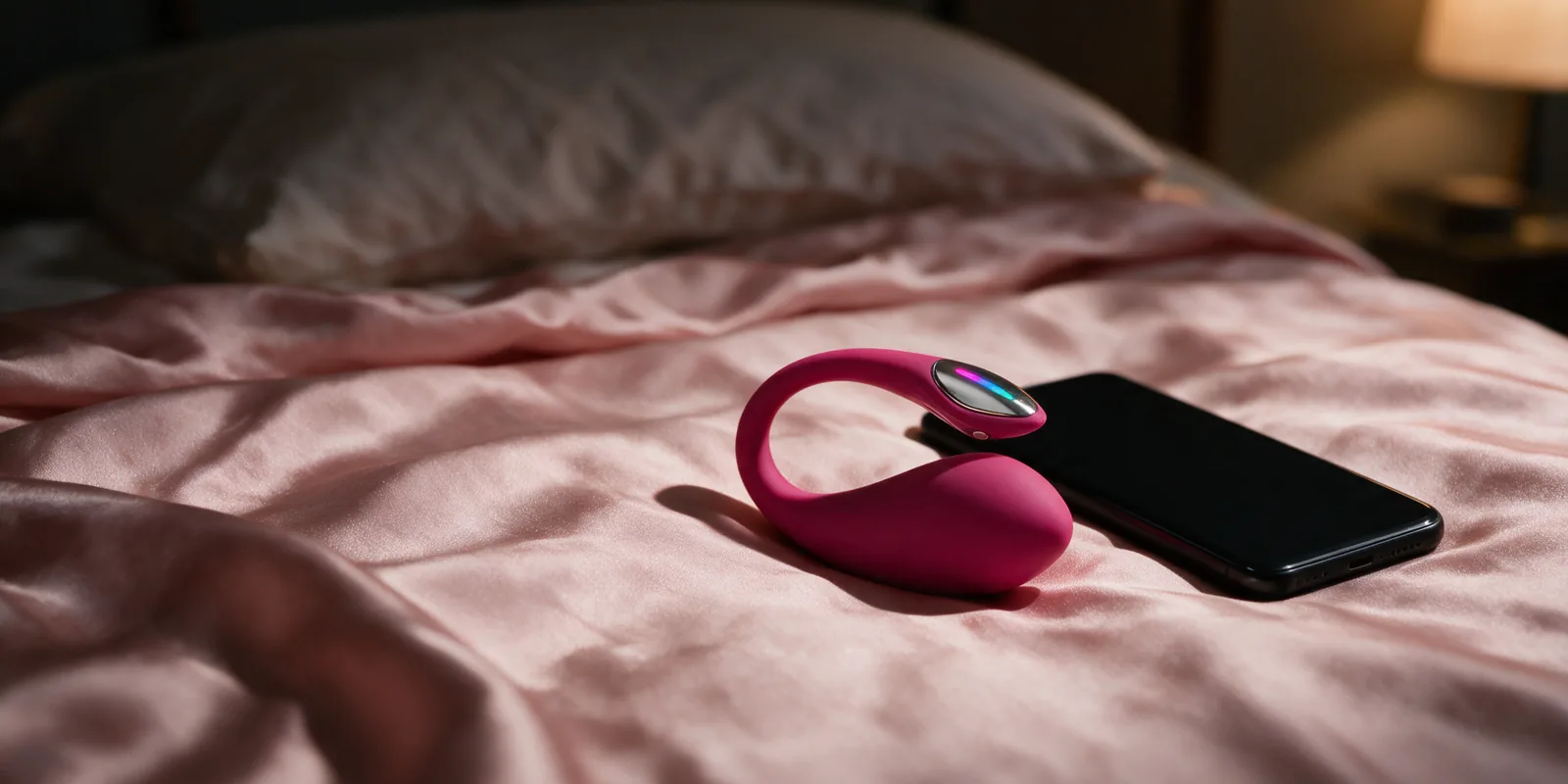 Lovense Lush 4 ze świecącą końcówką na różowej satynowej pościeli obok smartfona