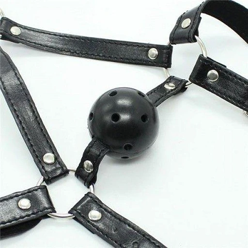 Knebel z kulą na uprzęży głowy – skóra, stal, ABS — zdjęcie 3