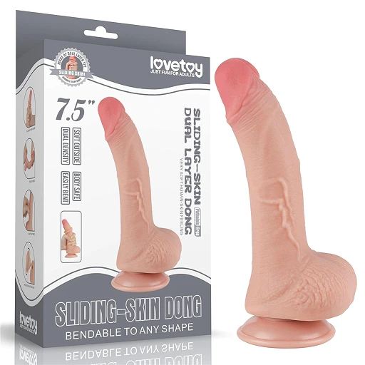 Dildo Lovetoy Sliding Skin z jądrami – 19,5 cm, zakrzywione