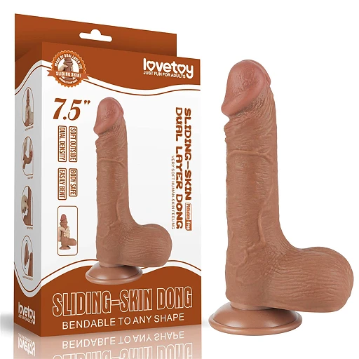 Dildo Lovetoy Sliding Skin Dual Layer – brązowe, z jądrami, 19,5 cm — zdjęcie 5