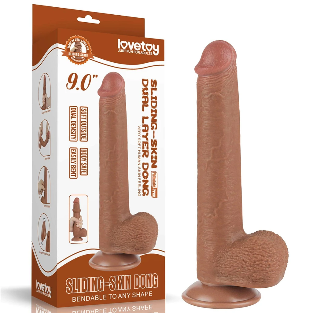 Dildo Sliding Skin 9'' Dual Layer – brązowe, z przyssawką