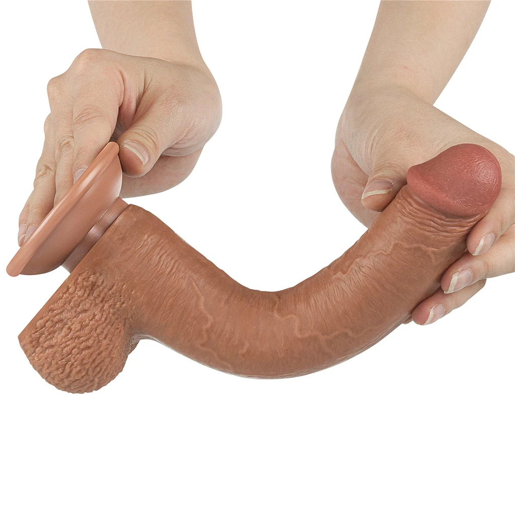 Dildo Sliding Skin 9'' Dual Layer – brązowe, z przyssawką — zdjęcie 5