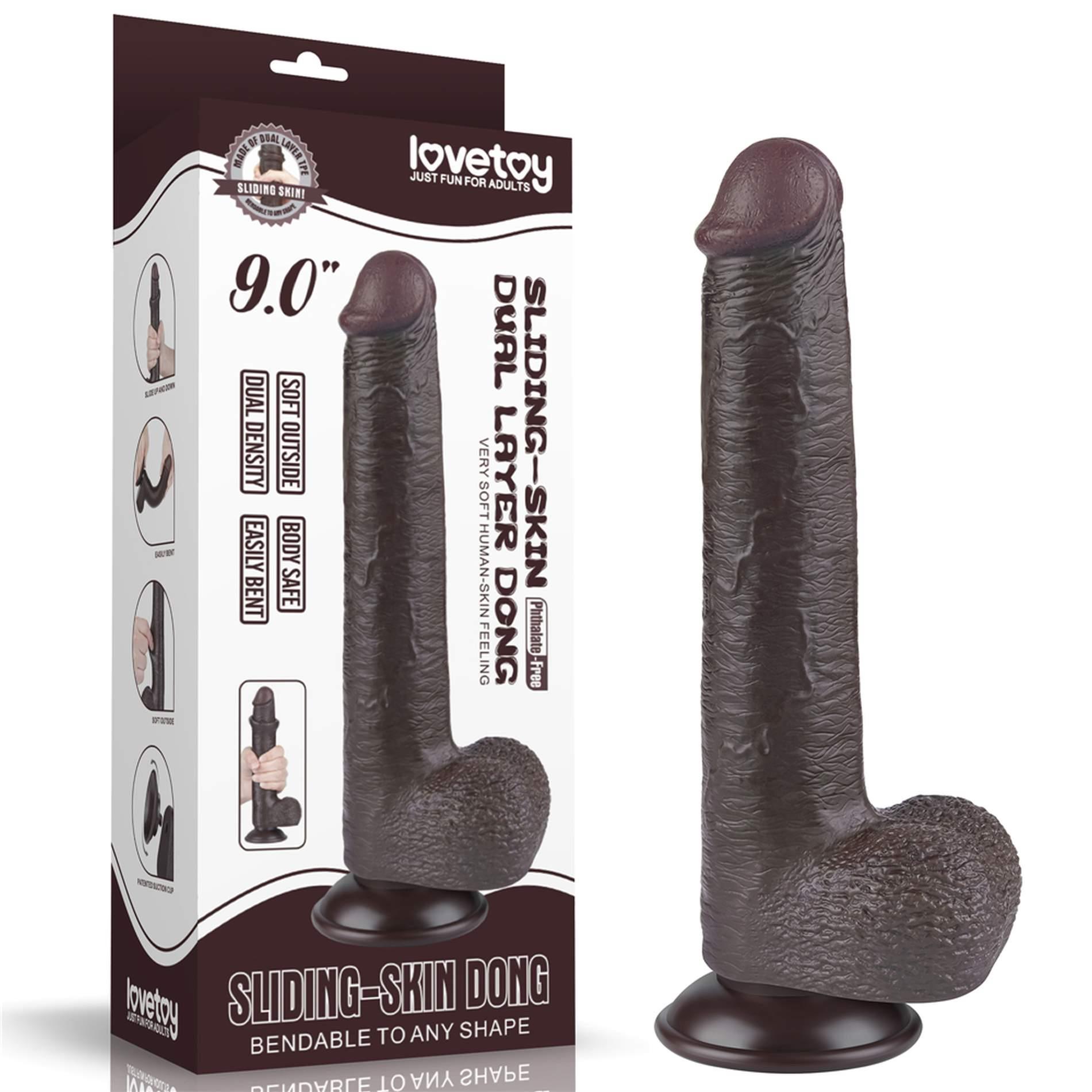 Dildo Lovetoy Sliding Skin Dual Layer – czarne, z jądrami, 22 cm — zdjęcie 5