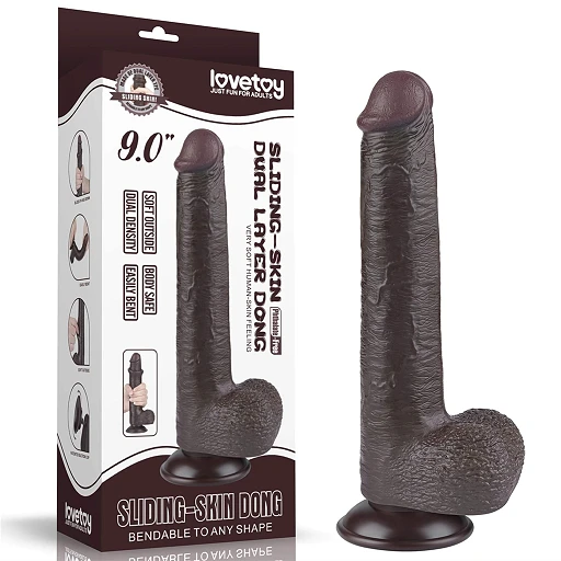Dildo Lovetoy Sliding Skin Dual Layer – czarne, z jądrami, 22 cm — zdjęcie 5