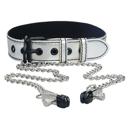 Obroża Lovetoy Bondage Fetish – zaciski na sutki, srebrna