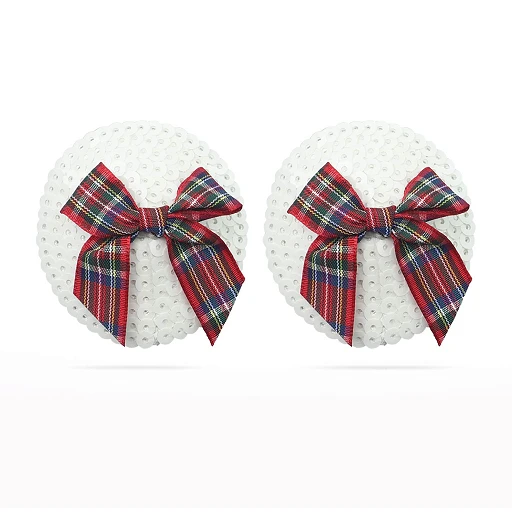 Nasutniki Lovetoy – białe cekiny, kokardka w kratę, 5,8 cm