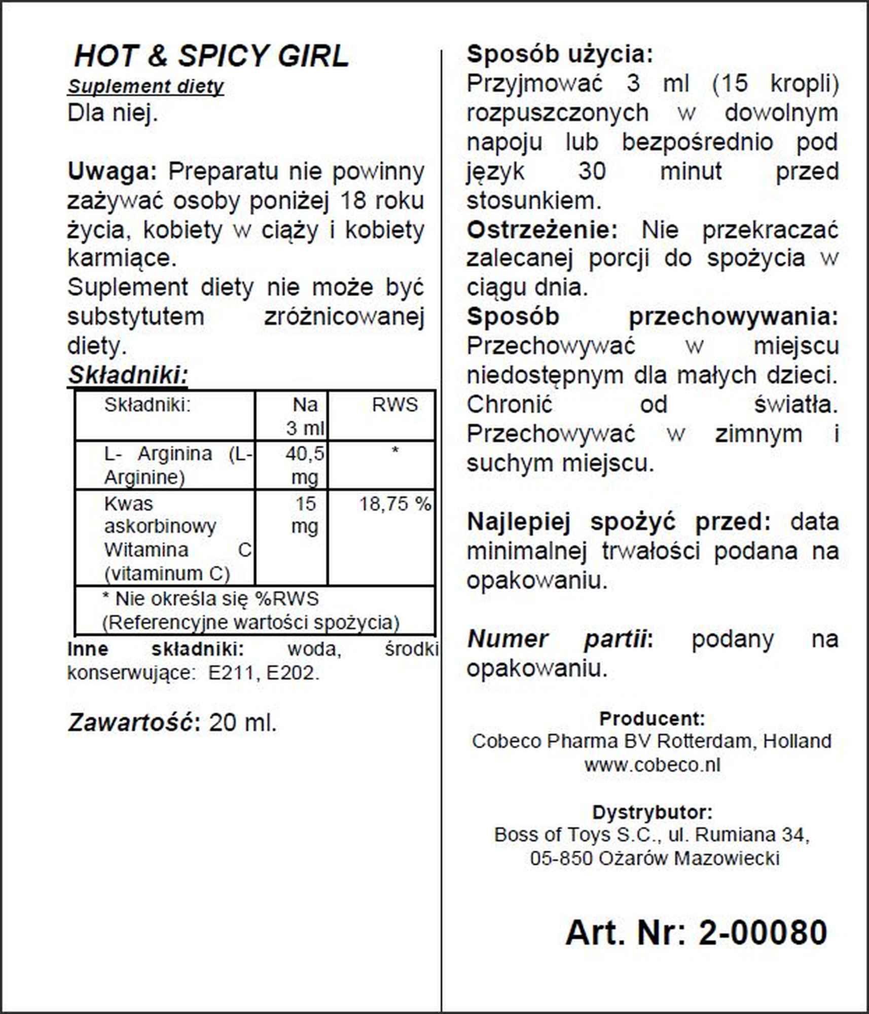 Krople Cobeco Hot & Spicy Girl – suplement diety dla kobiet, 20 ml — zdjęcie 4