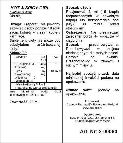 Krople Cobeco Hot & Spicy Girl – suplement diety dla kobiet, 20 ml — zdjęcie 4