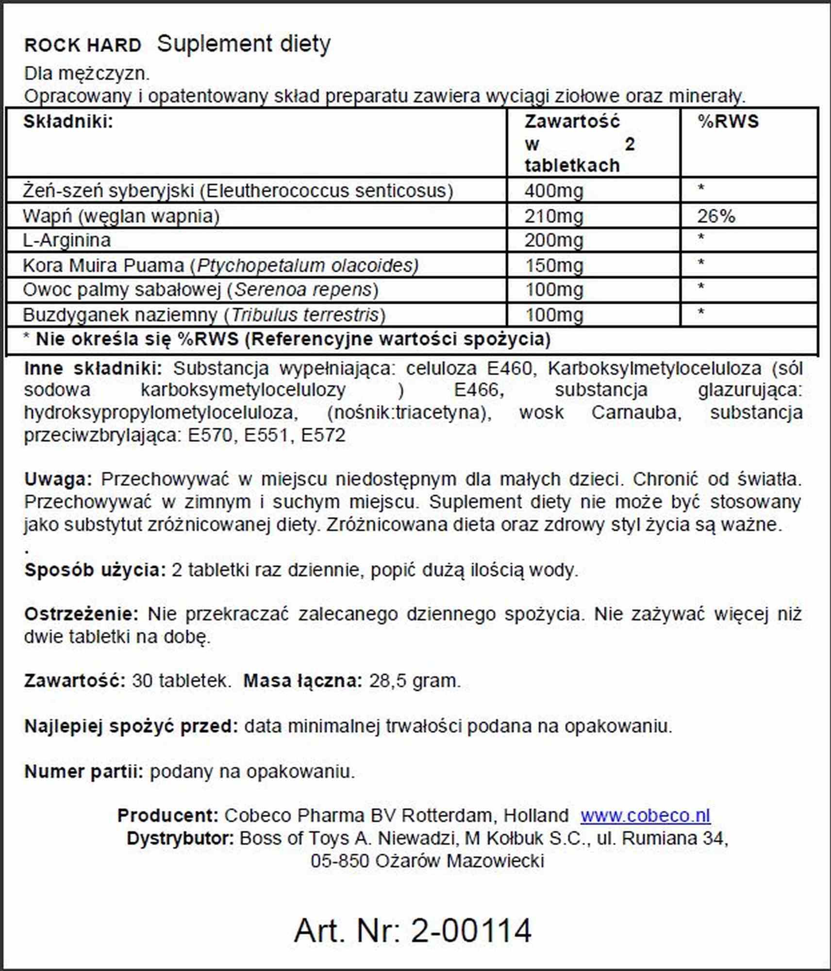 Suplement diety Cobeco Rock Hard – tabletki dla mężczyzn, 30 szt. — zdjęcie 2