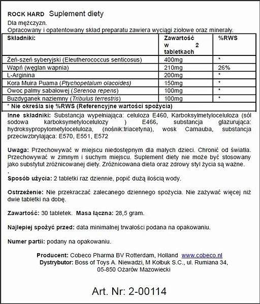 Suplement diety Cobeco Rock Hard – tabletki dla mężczyzn, 30 szt. — zdjęcie 2
