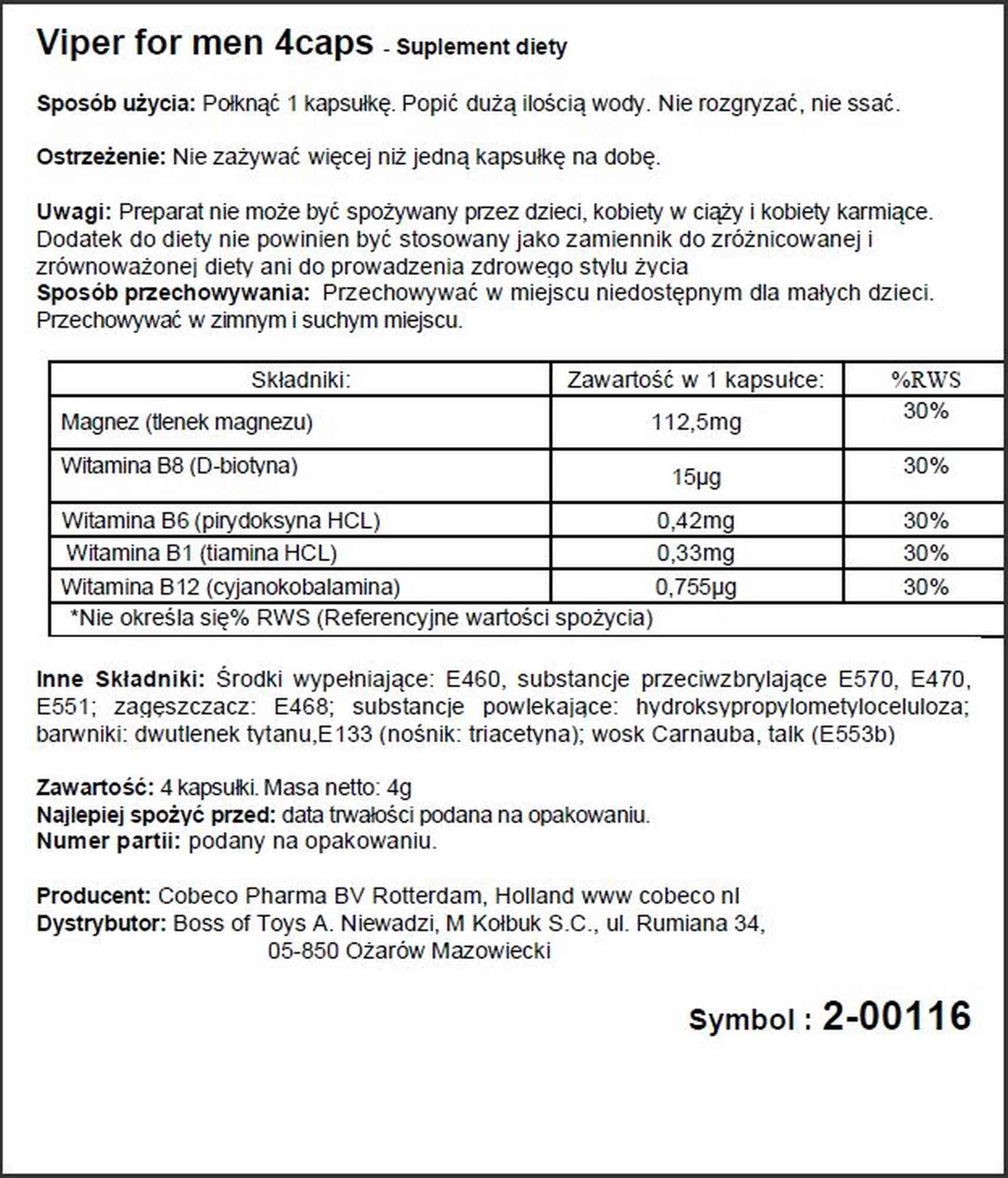 Suplement diety Cobeco Viper – magnez i witaminy B, 4 kapsułki — zdjęcie 2