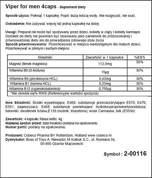 Suplement diety Cobeco Viper – magnez i witaminy B, 4 kapsułki — zdjęcie 2