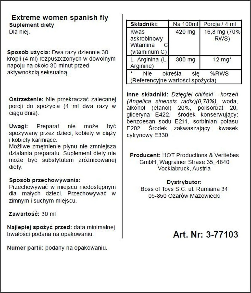 Suplement diety Extreme Women Spanish Fly - dla kobiet — zdjęcie 2