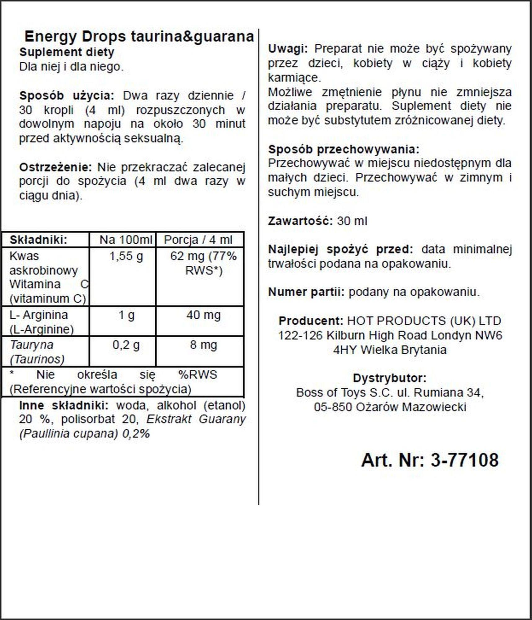 Suplement diety w kroplach Energy Drops - tauryna i guarana, 30 ml — zdjęcie 2