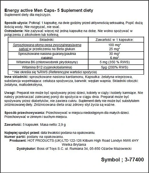 Suplement diety Energy Caps Men - 5 kapsułek, witaminy B6 i B12 — zdjęcie 2