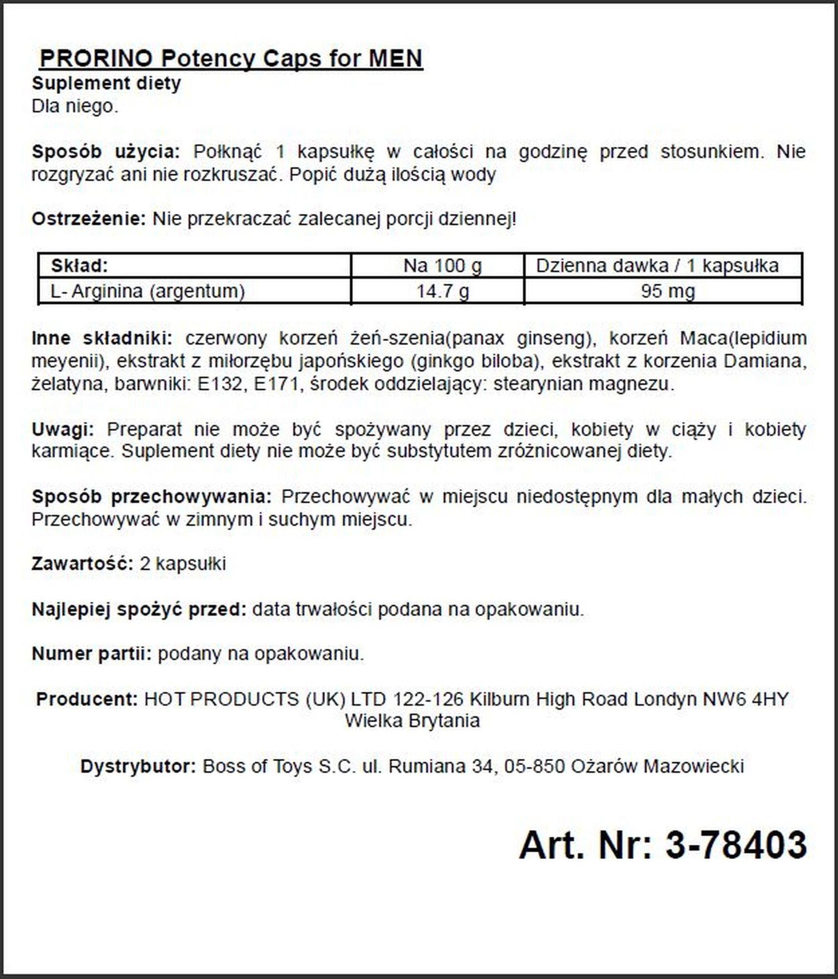 Suplement diety Prorino Potency dla mężczyzn - L-arginina, 2 kapsułki — zdjęcie 2