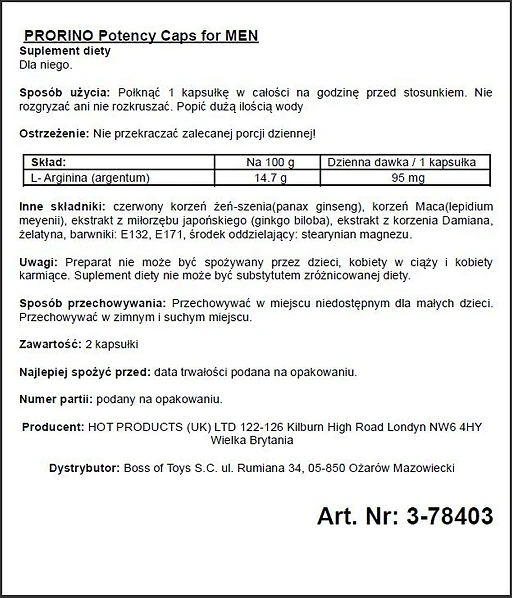Suplement diety Prorino Potency dla mężczyzn - L-arginina, 2 kapsułki — zdjęcie 2