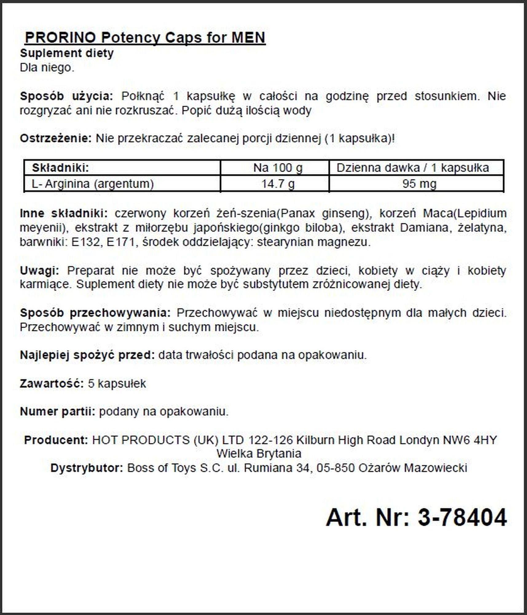 Kapsułki Prorino Potency Caps dla mężczyzn – suplement diety, 5 szt. — zdjęcie 2