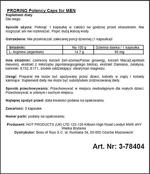 Kapsułki Prorino Potency Caps dla mężczyzn – suplement diety, 5 szt. — zdjęcie 2