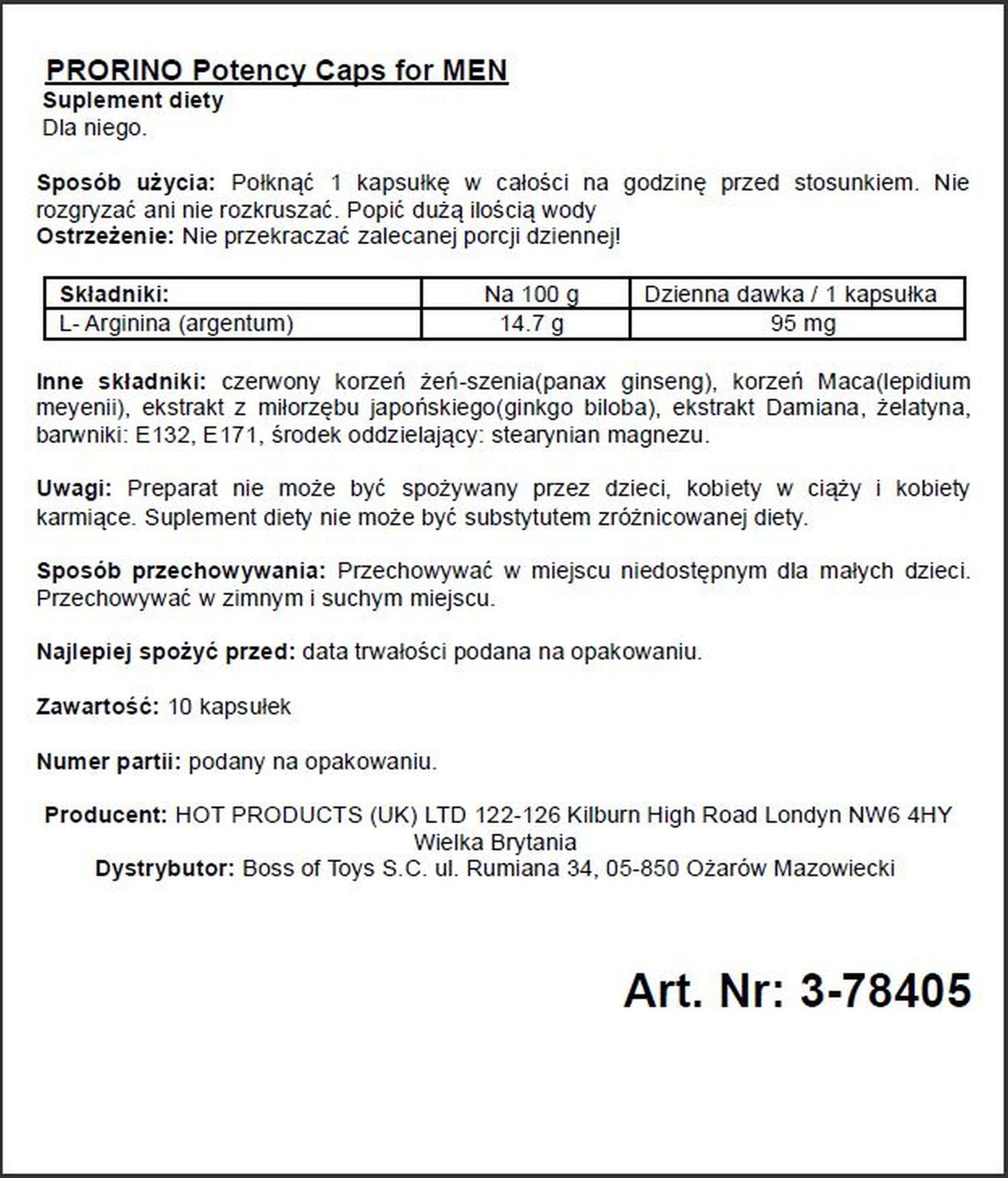 Kapsułki dla mężczyzn Prorino Potency - L-arginina, 10 sztuk — zdjęcie 2