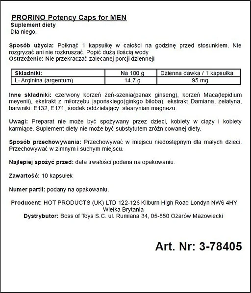 Kapsułki dla mężczyzn Prorino Potency - L-arginina, 10 sztuk — zdjęcie 2