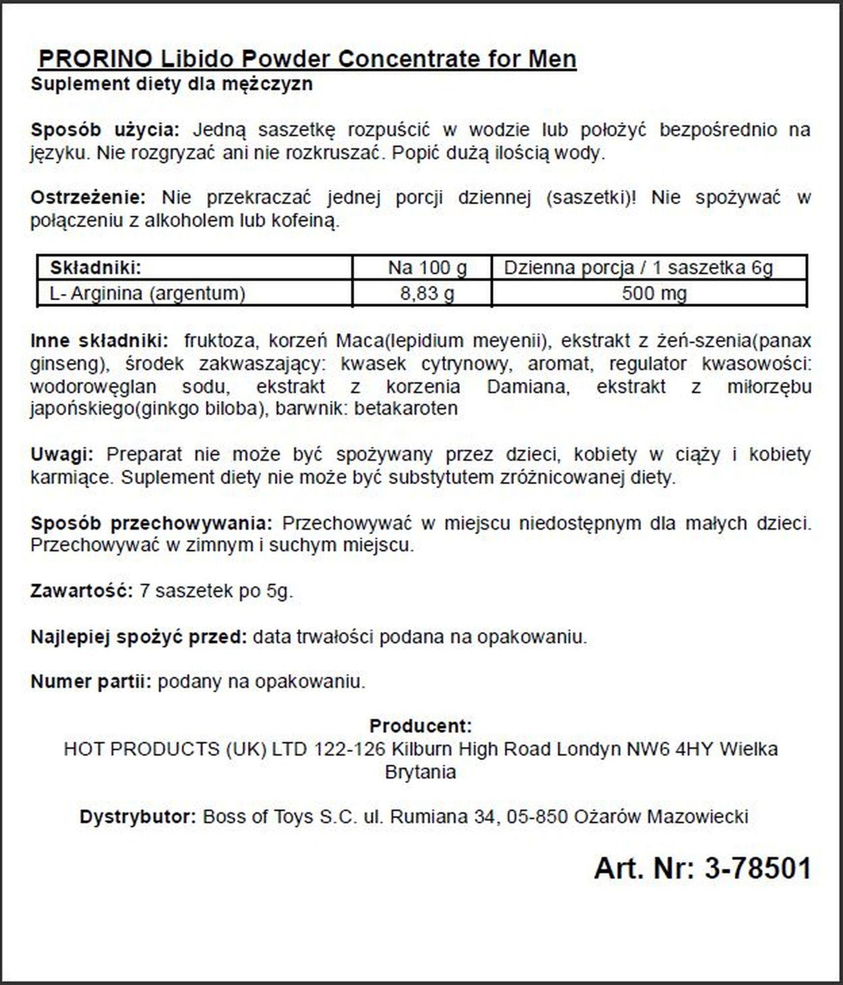 Suplement diety Prorino Black Line – proszek dla mężczyzn, 7 saszetek — zdjęcie 2