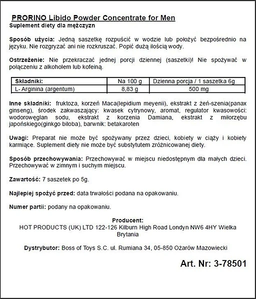Suplement diety Prorino Black Line – proszek dla mężczyzn, 7 saszetek — zdjęcie 2