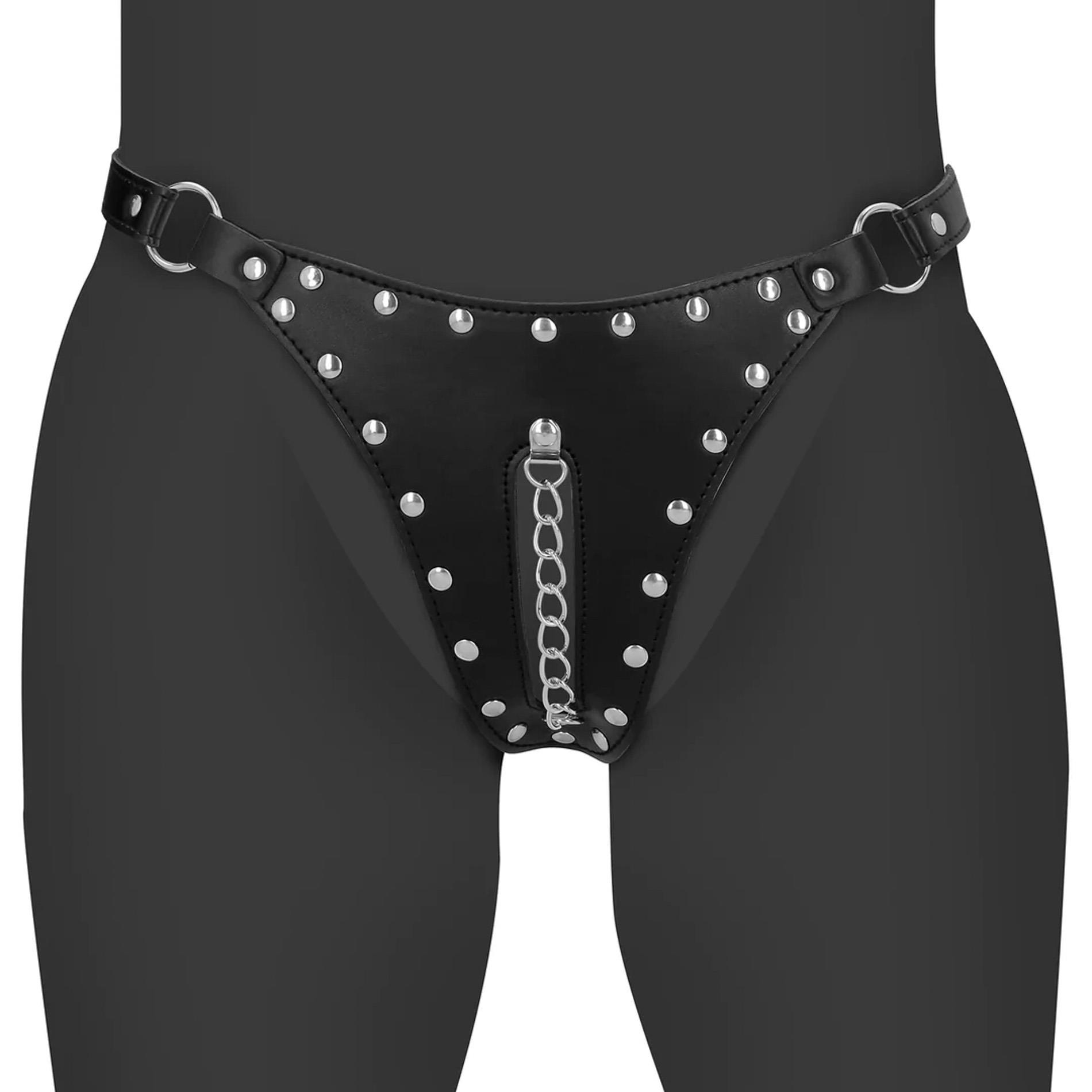 Pas cnoty thong Xtreme – skóra PU, łańcuch, czarny — zdjęcie 1
