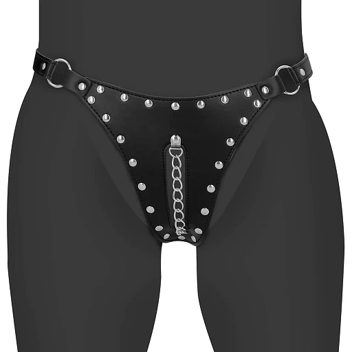 Pas cnoty thong Xtreme – skóra PU, łańcuch, czarny