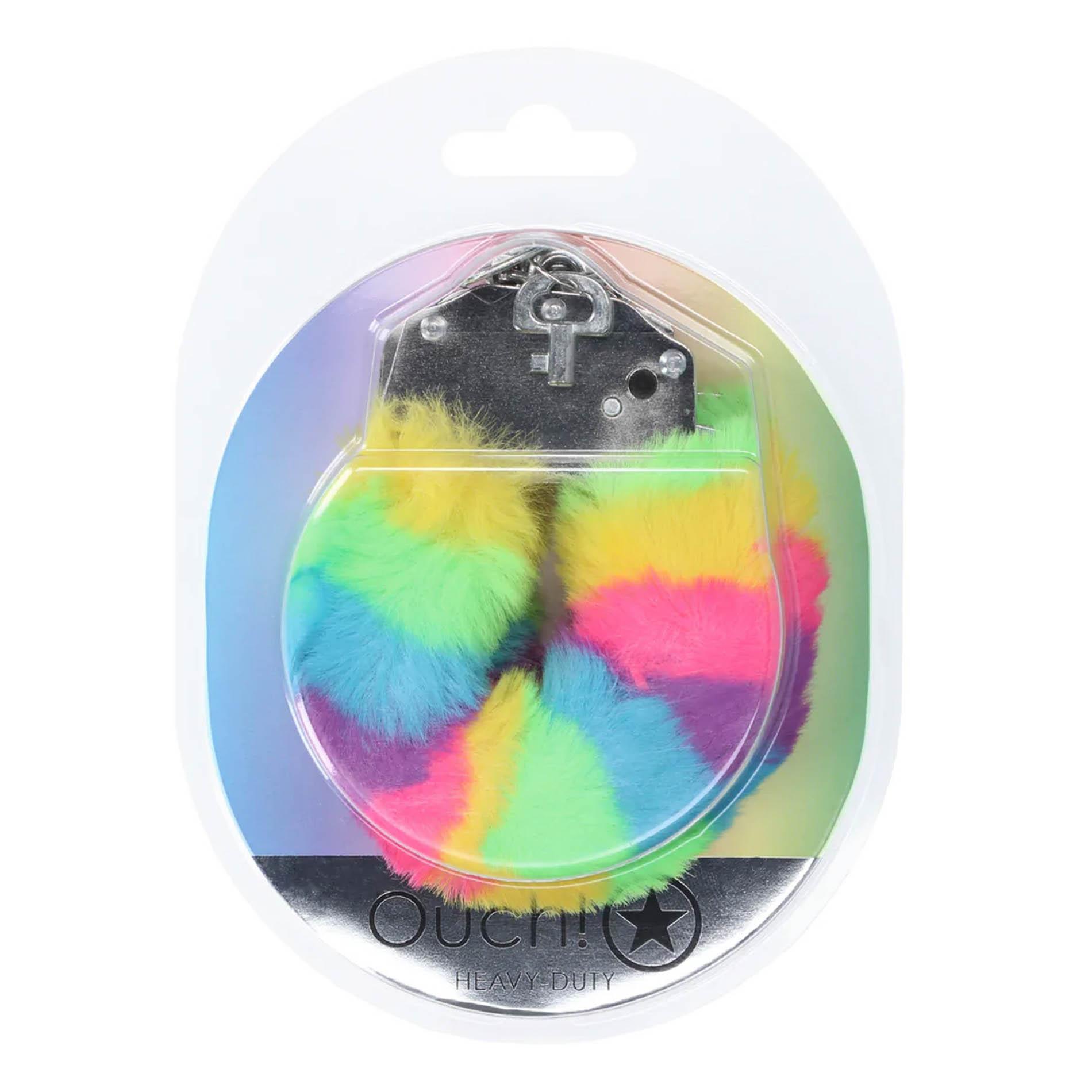 Kajdanki Ouch! Heavy-Duty Fluffy - puszyste, tęczowe — zdjęcie 2