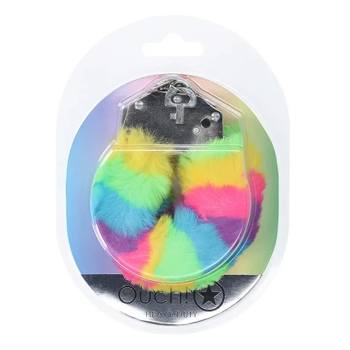 Kajdanki Ouch! Heavy-Duty Fluffy - puszyste, tęczowe — zdjęcie 2