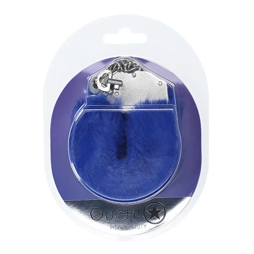 Kajdanki Ouch! Heavy Duty Fluffy – granatowe, z kluczykiem — zdjęcie 2