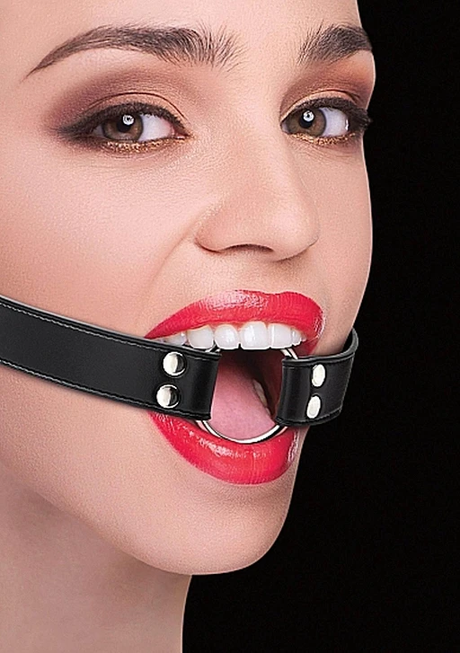 Knebel ring gag – skórzane paski, czarny