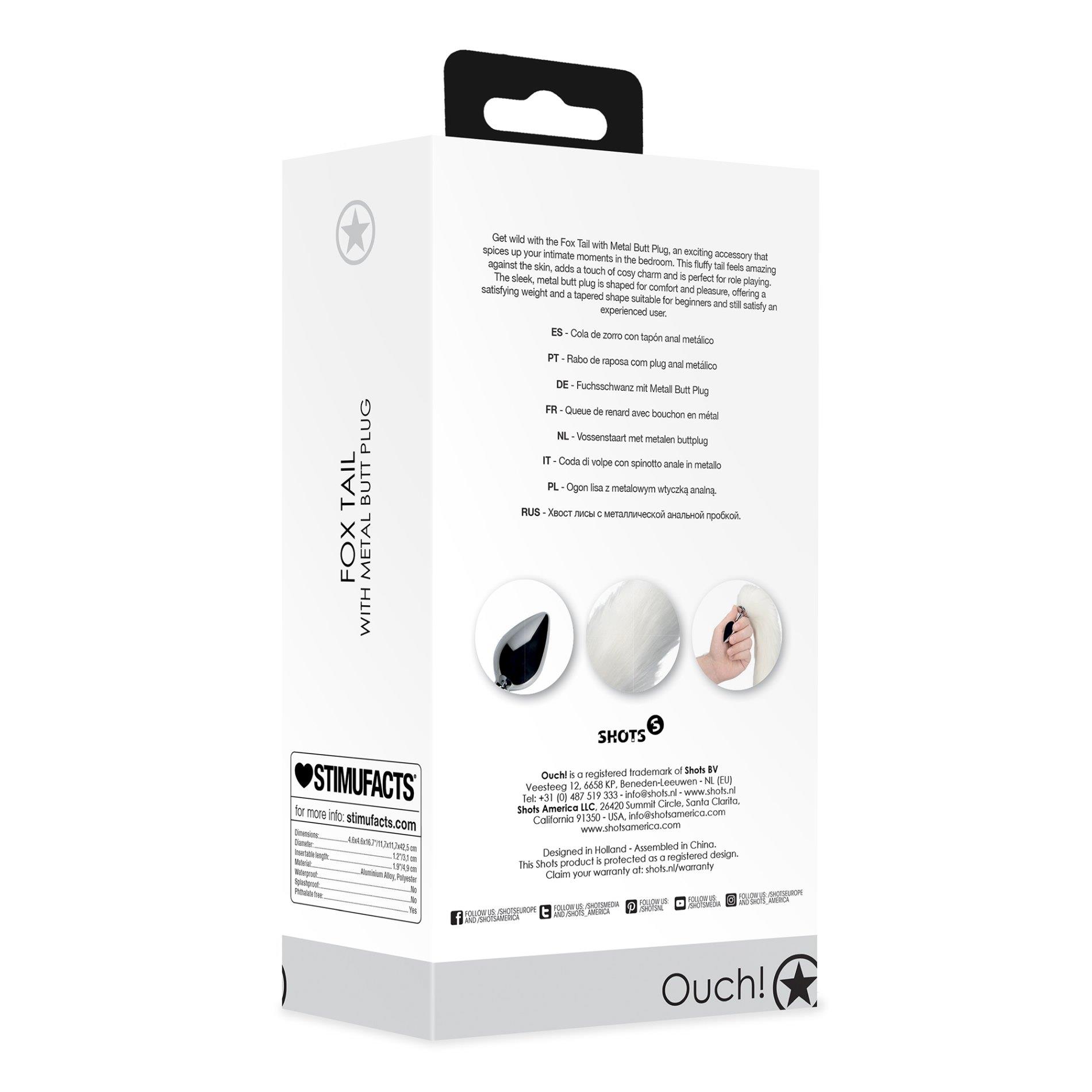 Korek analny Ouch! Fox Tail – biały puszysty ogon, aluminium — zdjęcie 5