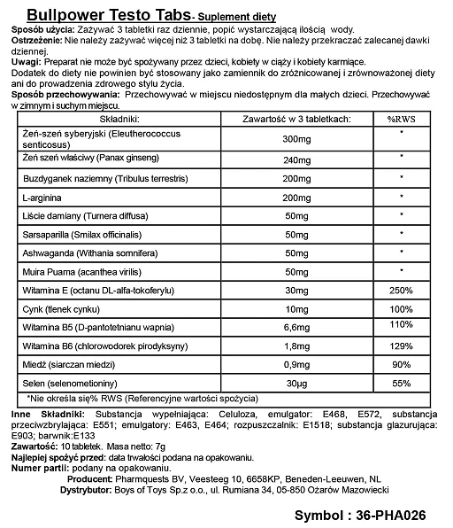 Suplement diety Bull Power Testo Tabs – 10 tabletek dla mężczyzn — zdjęcie 2