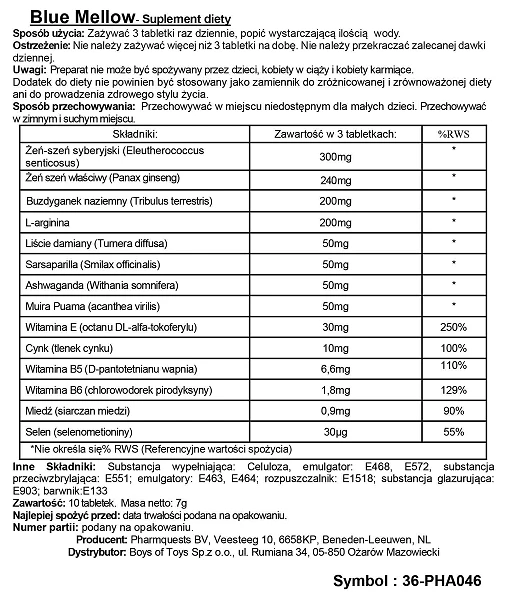 Suplement diety Blue Mellow - tabletki z żeń-szeniem i L-argininą — zdjęcie 3