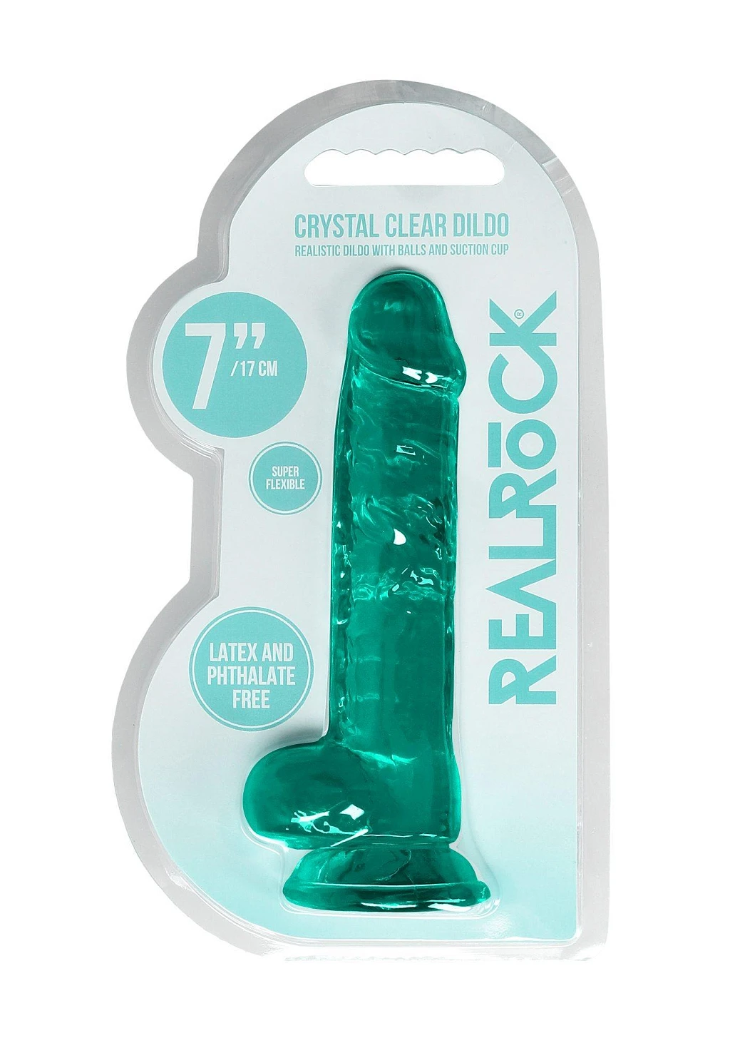 Dildo 19 cm z jądrami Crystal Clear – turkusowe, z przyssawką — zdjęcie 2