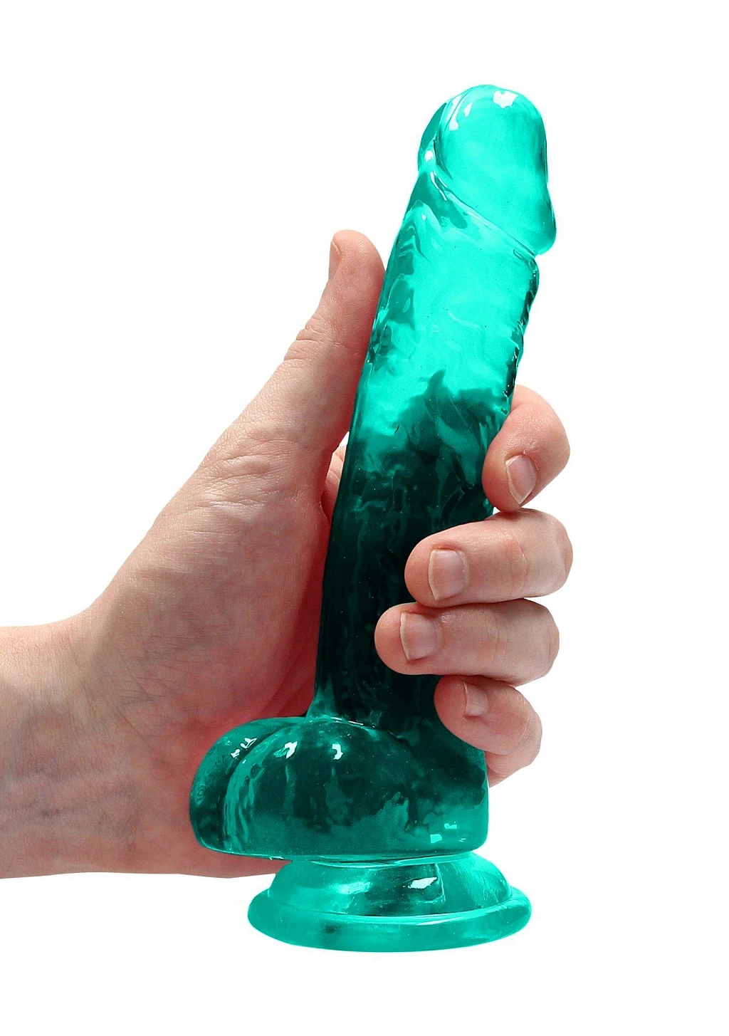 Dildo 19 cm z jądrami Crystal Clear – turkusowe, z przyssawką — zdjęcie 3