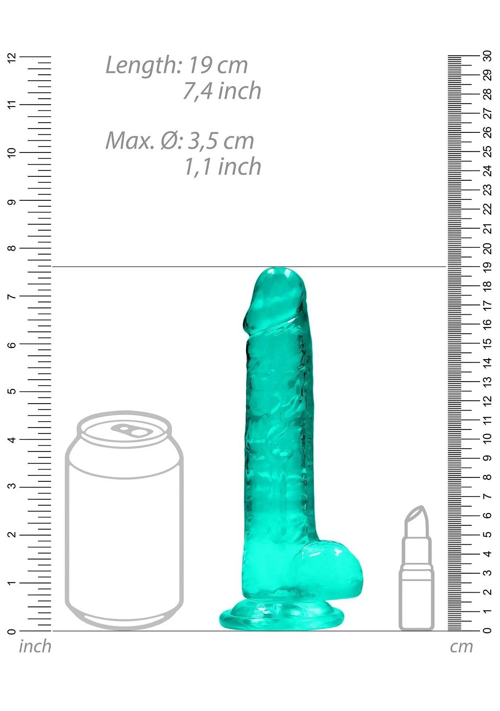 Dildo 19 cm z jądrami Crystal Clear – turkusowe, z przyssawką — zdjęcie 7