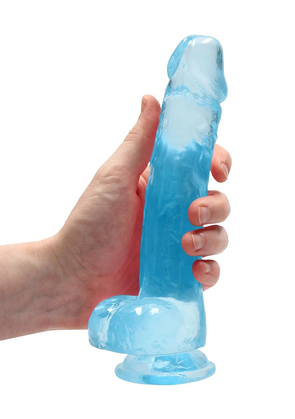 Dildo RealRock 21 cm z jądrami – przezroczyste, z przyssawką — zdjęcie 4
