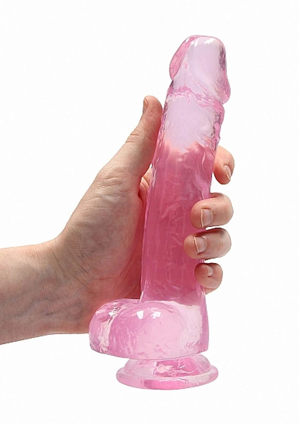 Dildo 20 cm z jądrami Crystal Clear – przyssawka, różowe — zdjęcie 7