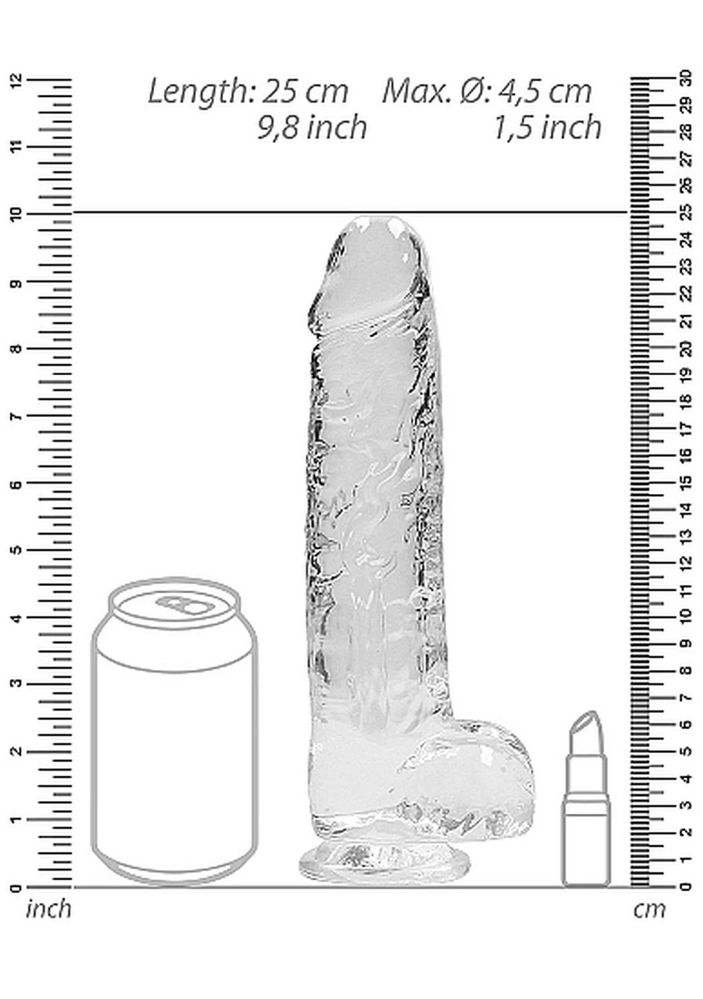 Dildo realistyczne 23 cm z jądrami – transparentne, przyssawka — zdjęcie 3