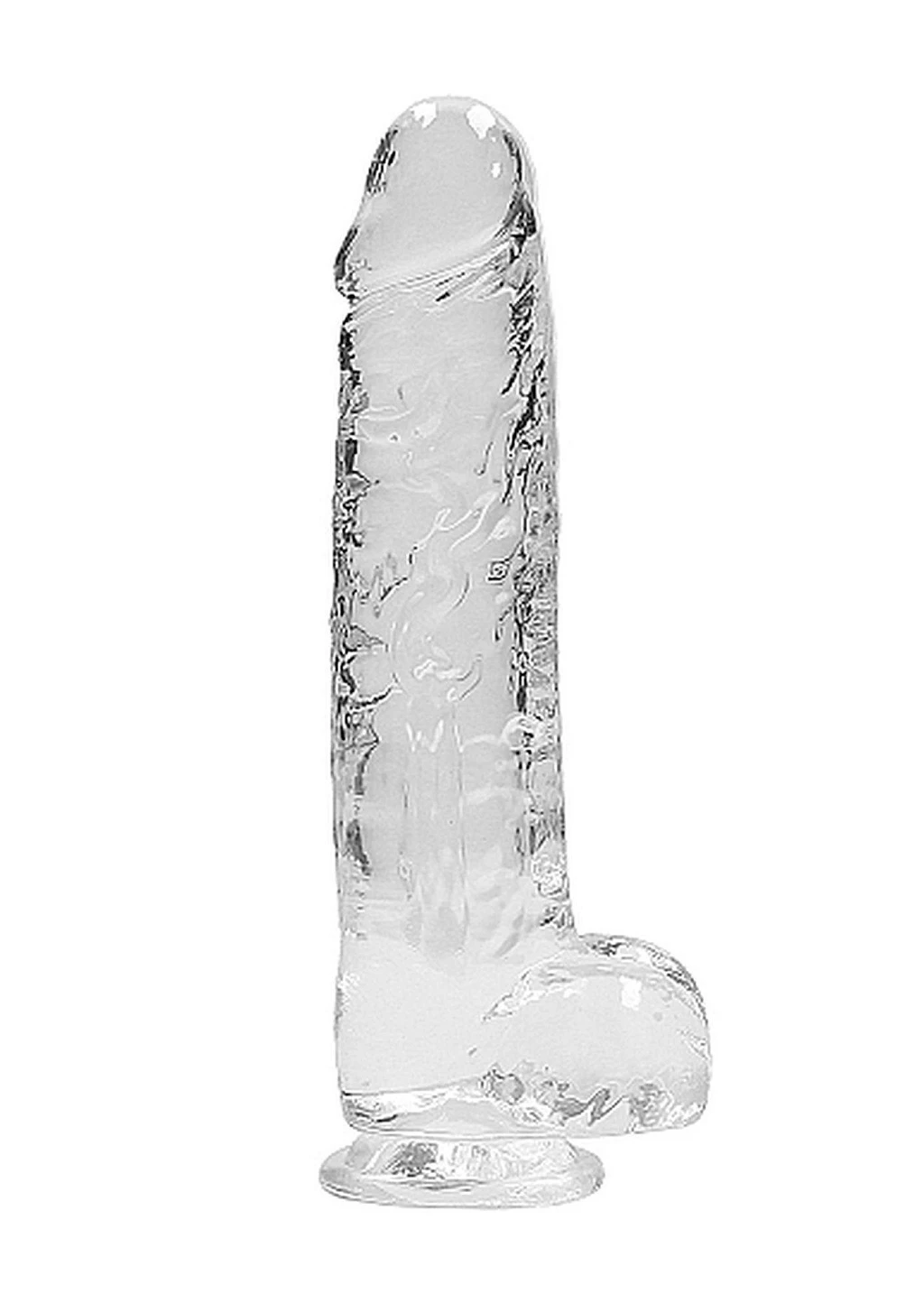 Dildo realistyczne 23 cm z jądrami – transparentne, przyssawka — zdjęcie 4