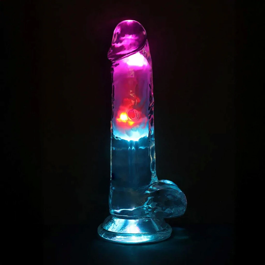 Wibrujące dildo LED 18 cm z przyssawką i jądrami — zdjęcie 5