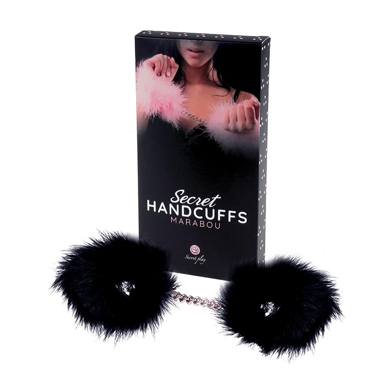 Kajdanki Marabou – czarne, pióra, łańcuszek stalowy