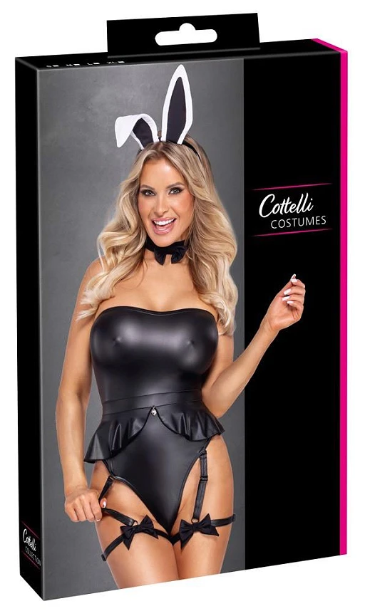 Kostium króliczka – czarne body z peplum, paski do pończoch, L