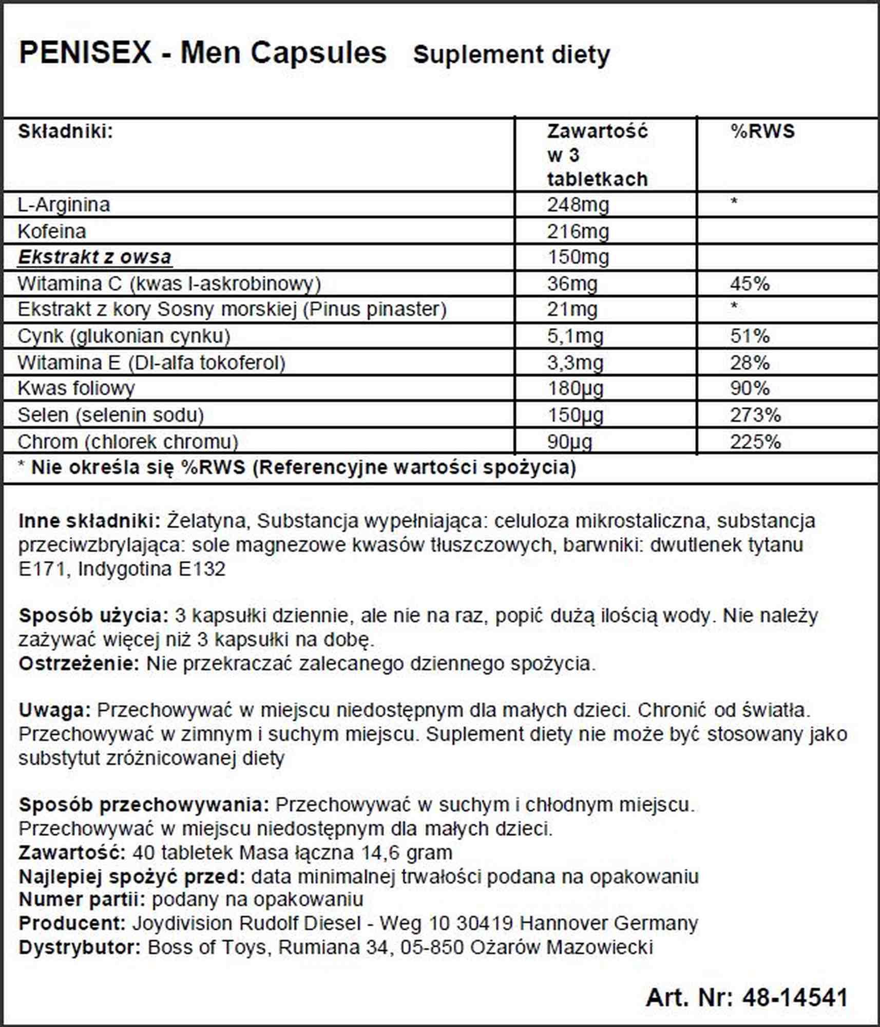 Suplement diety Penisex - kapsułki dla mężczyzn, 40 sztuk — zdjęcie 3