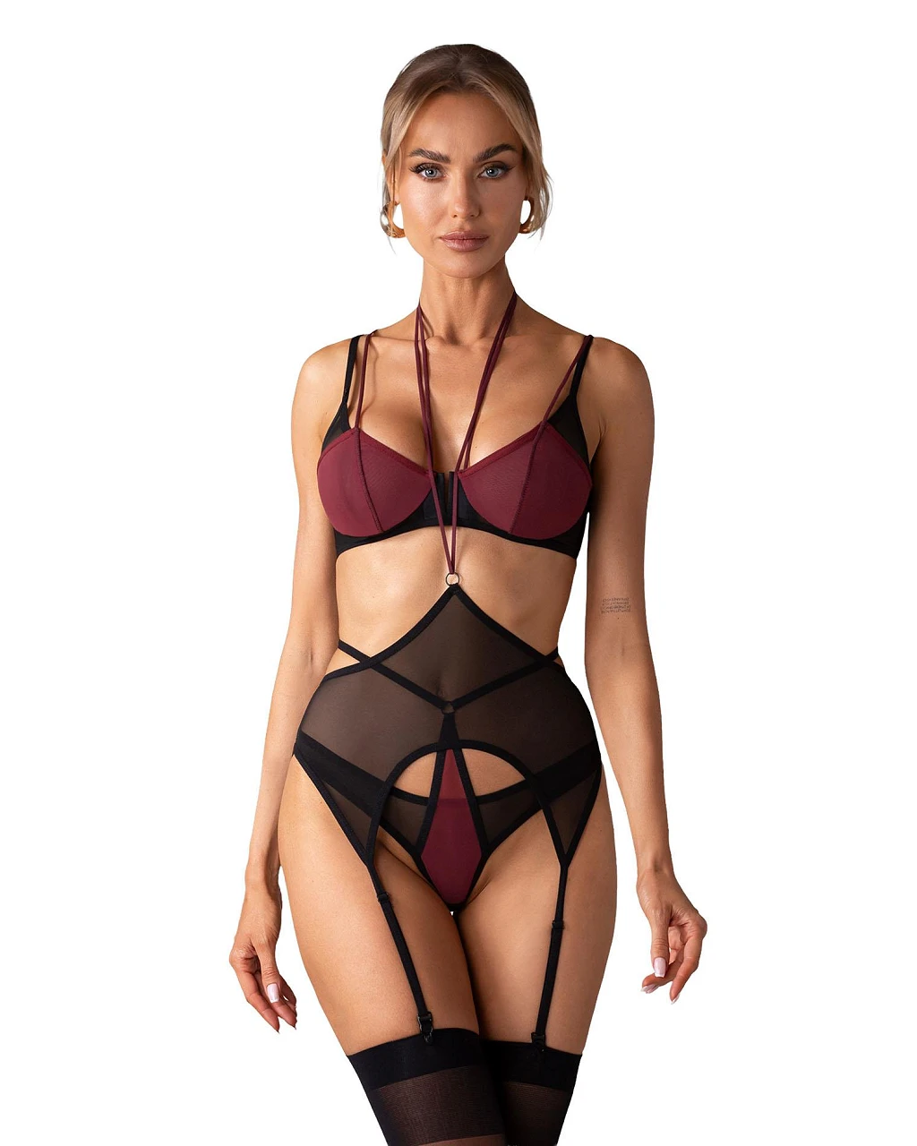 Komplet 3-częściowy Obsessive Parisel – czarno-bordowy, L/XL