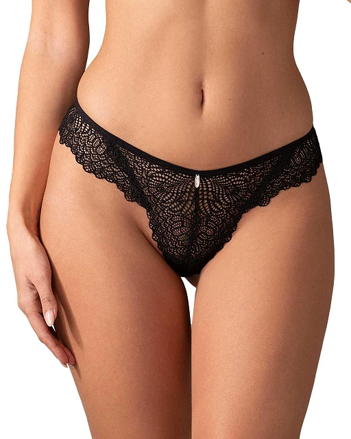 Figi – czarne, koronkowe, wysokie wycięcia, S/M — zdjęcie 3